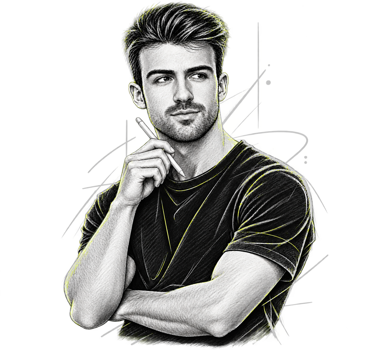 Ilustración de Rafael Jiménez Ferrer en pose reflexiva, con un lápiz digital, en blanco y negro