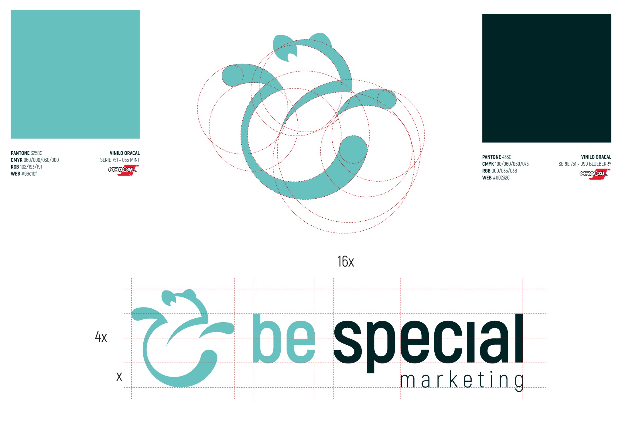 Construcción geométrica del símbolo y el logotipo Be Special Marketing, con colores corporativos