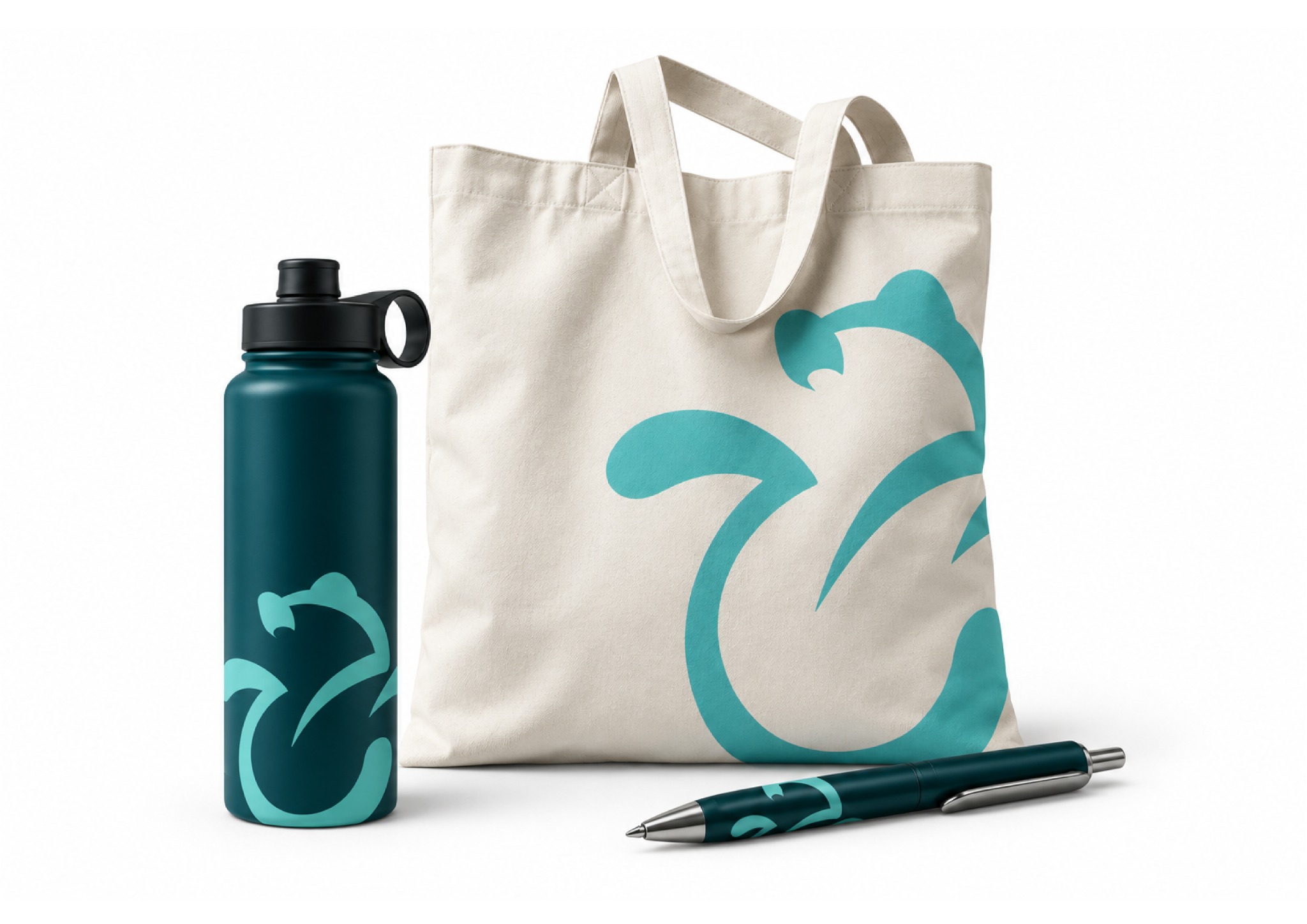 Aplicación de la identidad Be Special Marketing en bolsa, botella y bolígrafo