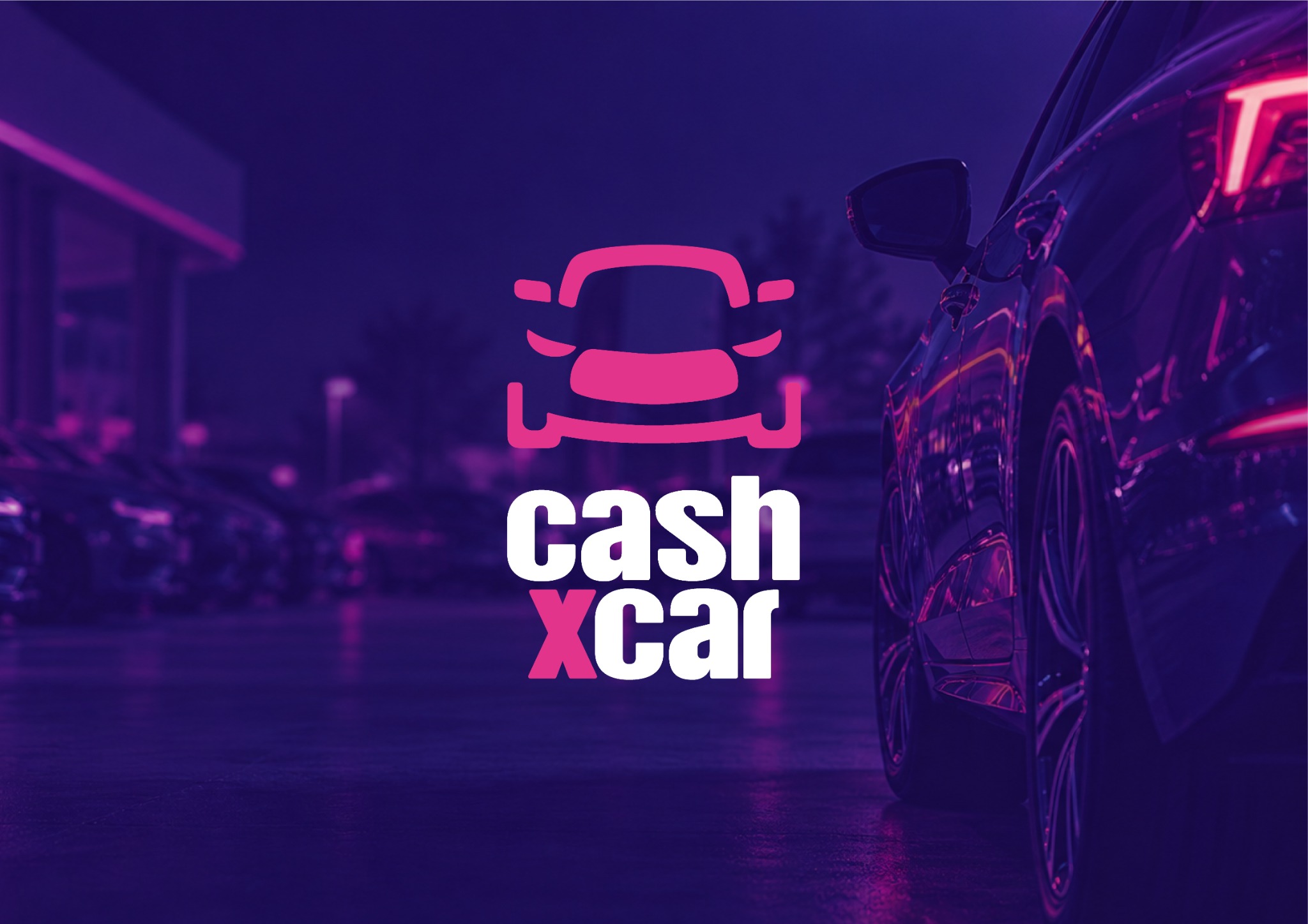 Logotipo Cashxcar en blanco y fucsia sobre fondo púrpura corporativo