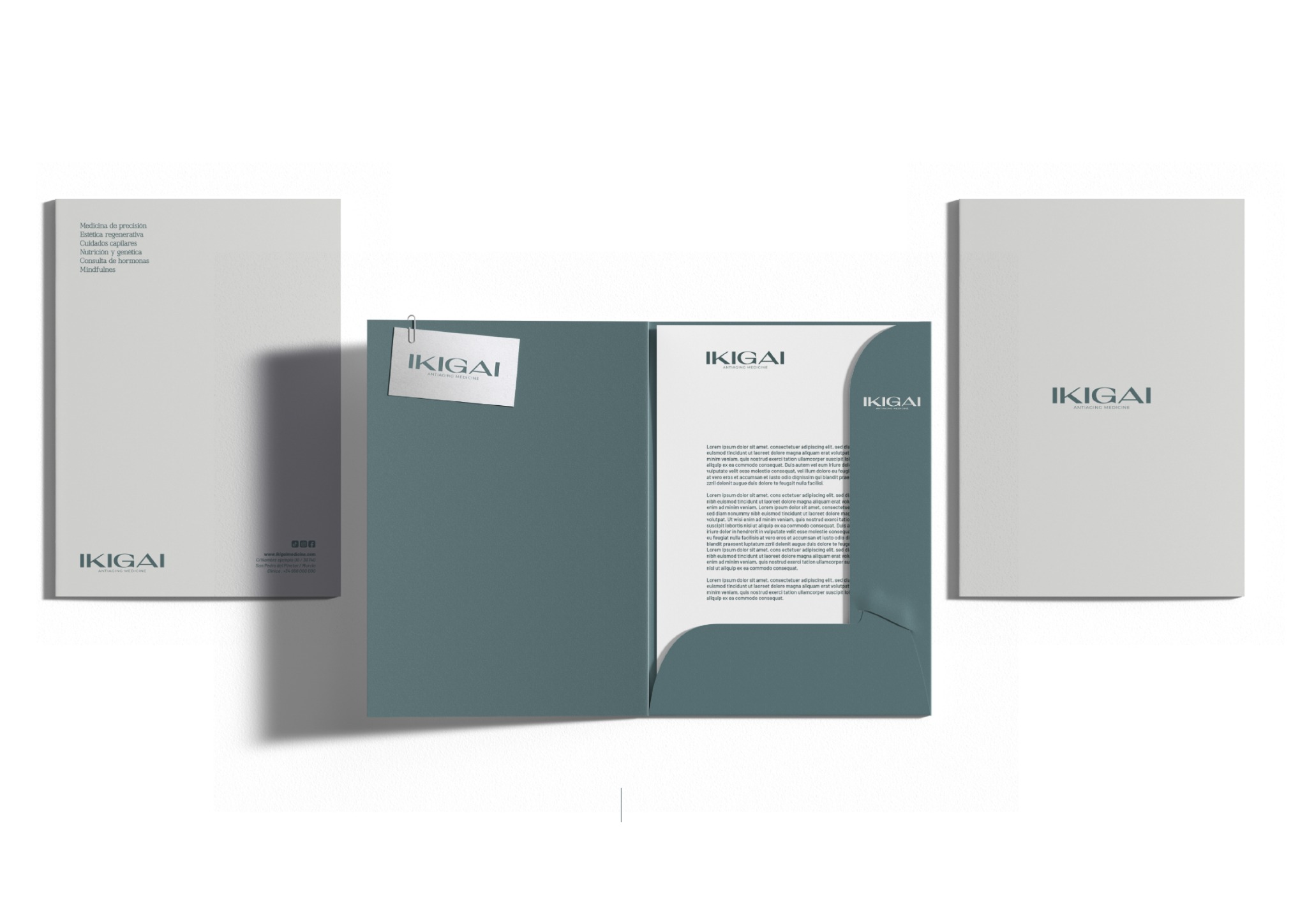 Aplicación de la identidad Ikigai en carpeta corporativa y documentos