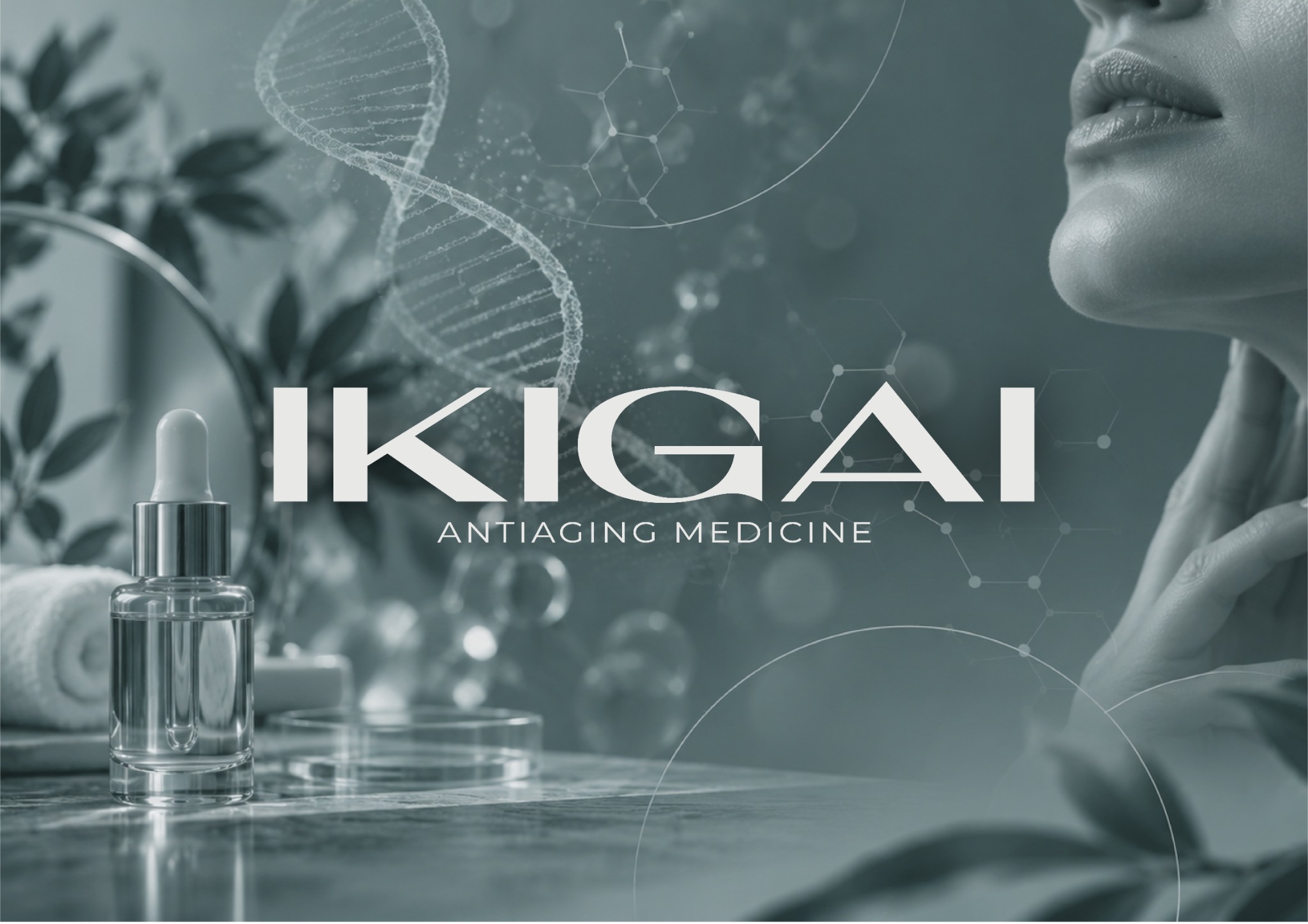 Logotipo Ikigai Antiaging Medicine en blanco sobre fondo verde azulado