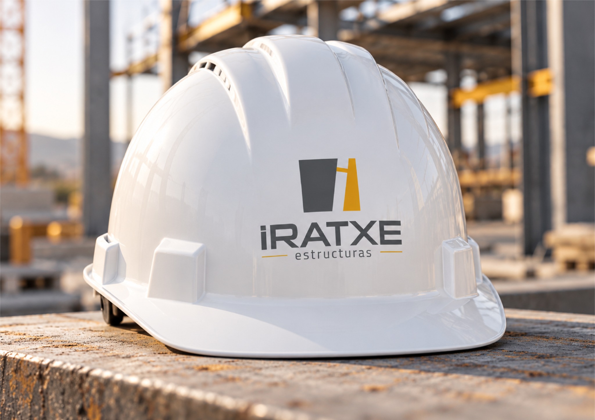 Aplicación del logotipo Iratxe Estructuras en un casco de seguridad
