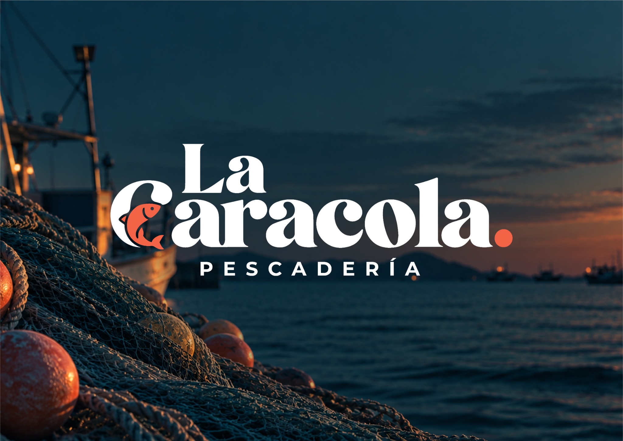 Logotipo de Pescadería La Caracola sobre redes de pesca al atardecer en el puerto
