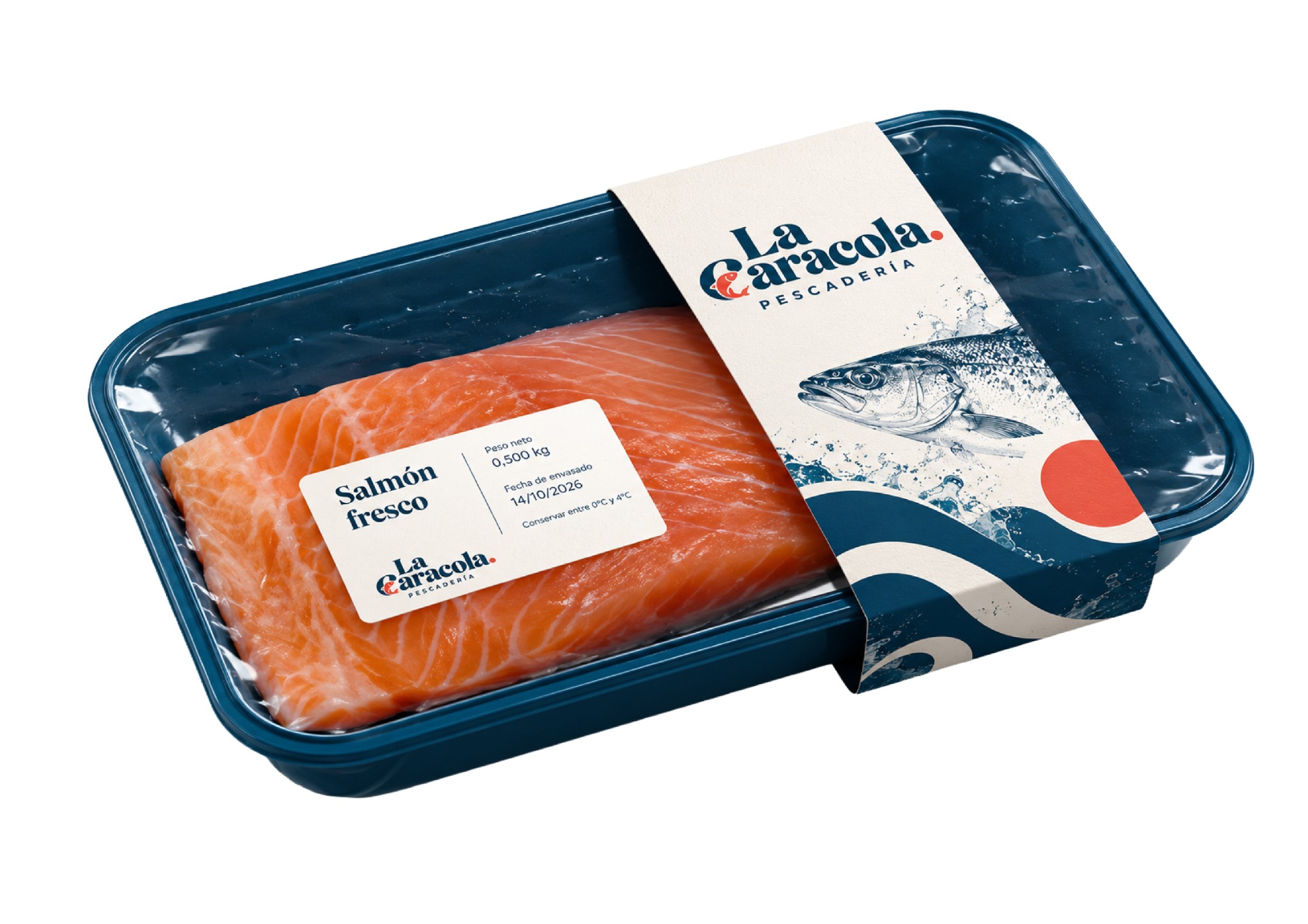 Diseño de envase y etiqueta para salmón fresco de La Caracola