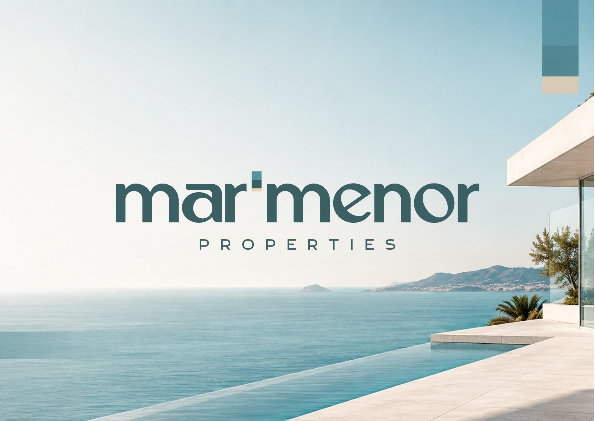 Logotipo de Mar Menor Properties sobre una imagen de costa mediterránea
