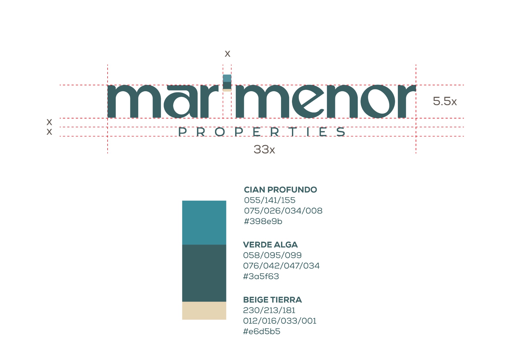 Construcción geométrica del logotipo y paleta de colores corporativos de Mar Menor Properties