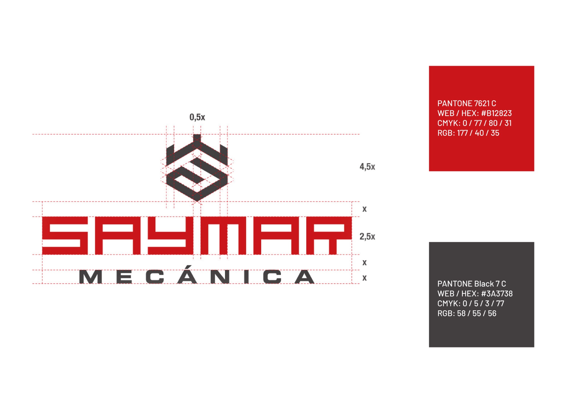 Construcción del logotipo Saymar Mecánica con líneas guía y colores corporativos rojo y gris
